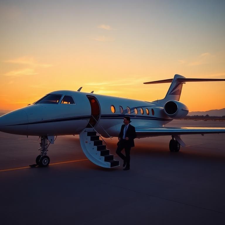 Private jet on tarmac at sunset
